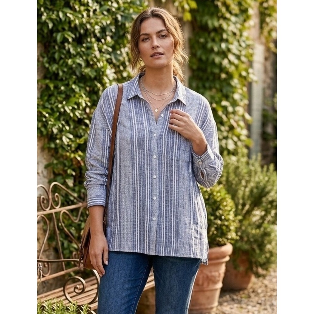 Black Tape Indigo Stripe Linen Blend Button Down Long Sleeve Shirt Women's L NWT